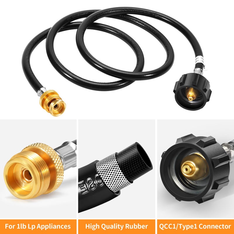 GasSaf 5FT Propane Hose, Propane Adapter 1lb to 20lb Converter, Propane Tank Gas Grill Hose Suitable for Weber Q Grill, Coleman Camping Stove, Buddy Heater and More Portable Grills - Image 2